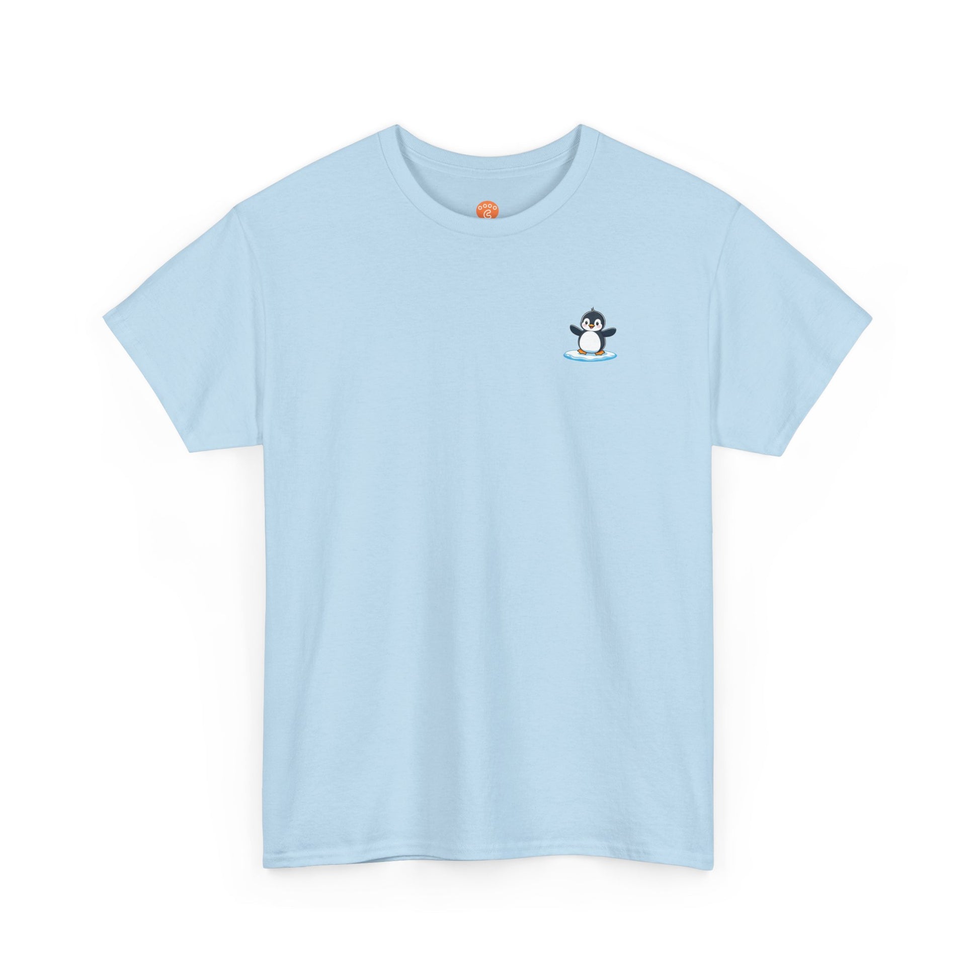 Front view of light blue Life Must Waddle On Penguin Core T-Shirt with cute penguin design