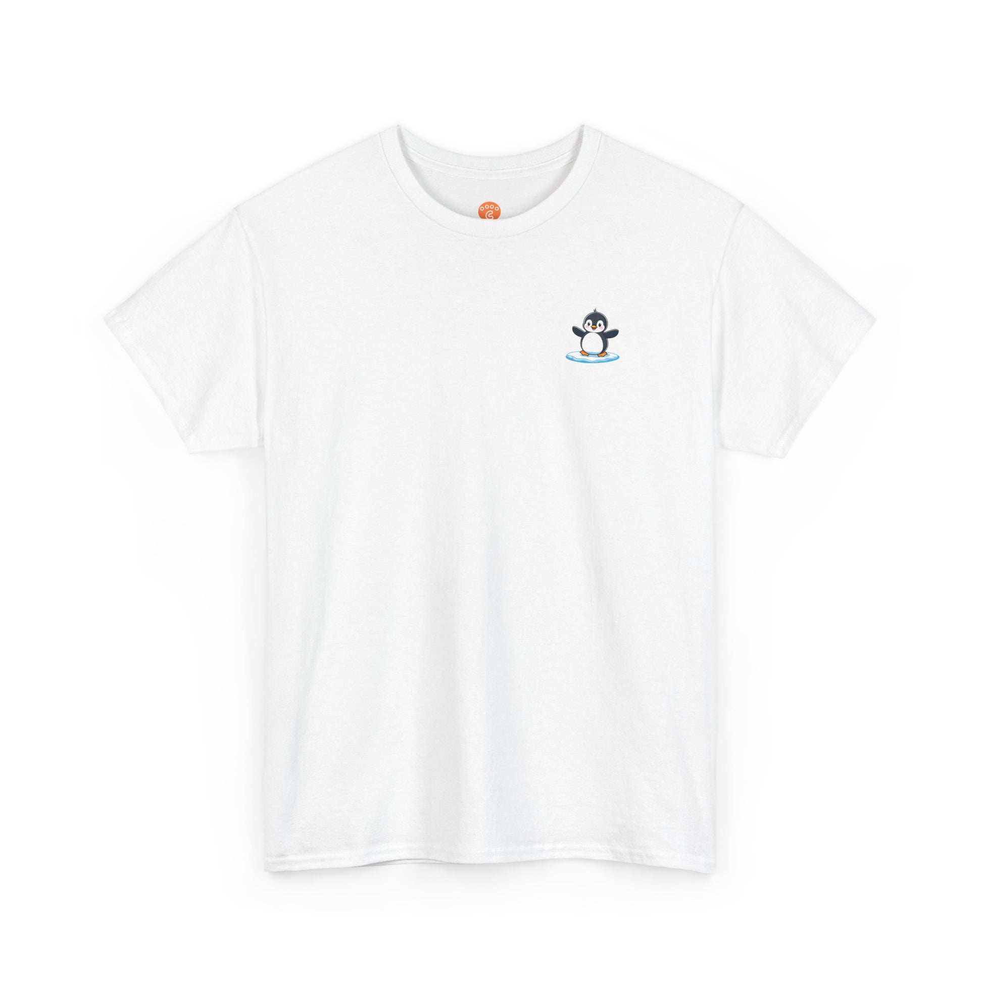 Front view of white Life Must Waddle On Penguin Core T-Shirt with cute penguin design