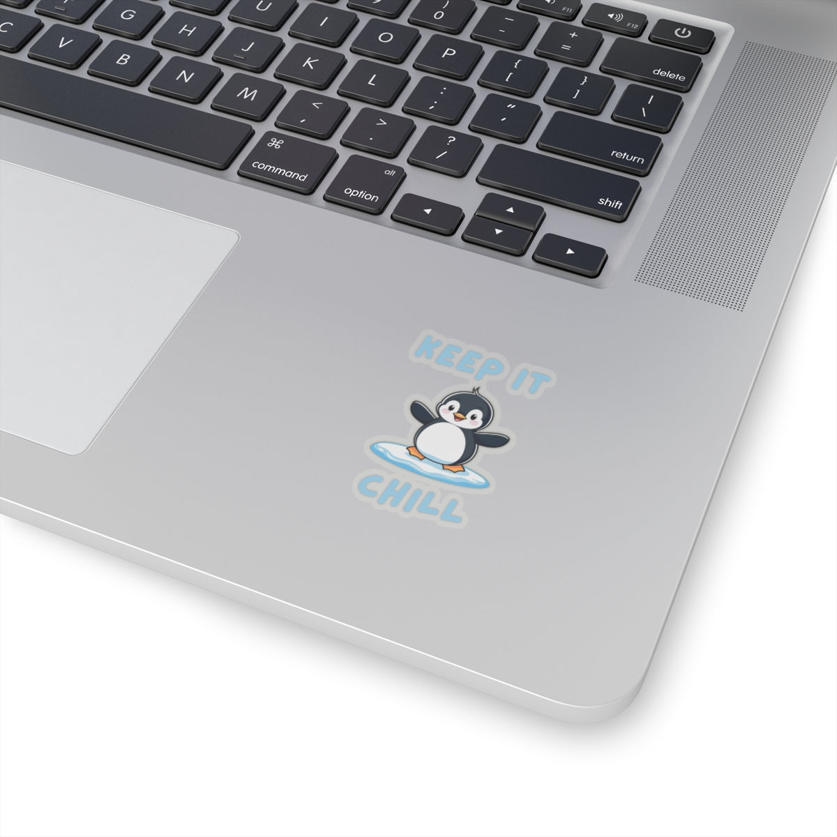 Transparent 2x2 Penguin Core Keep It Chill kiss-cut sticker with cute penguin design – perfect for animal lovers - on laptop