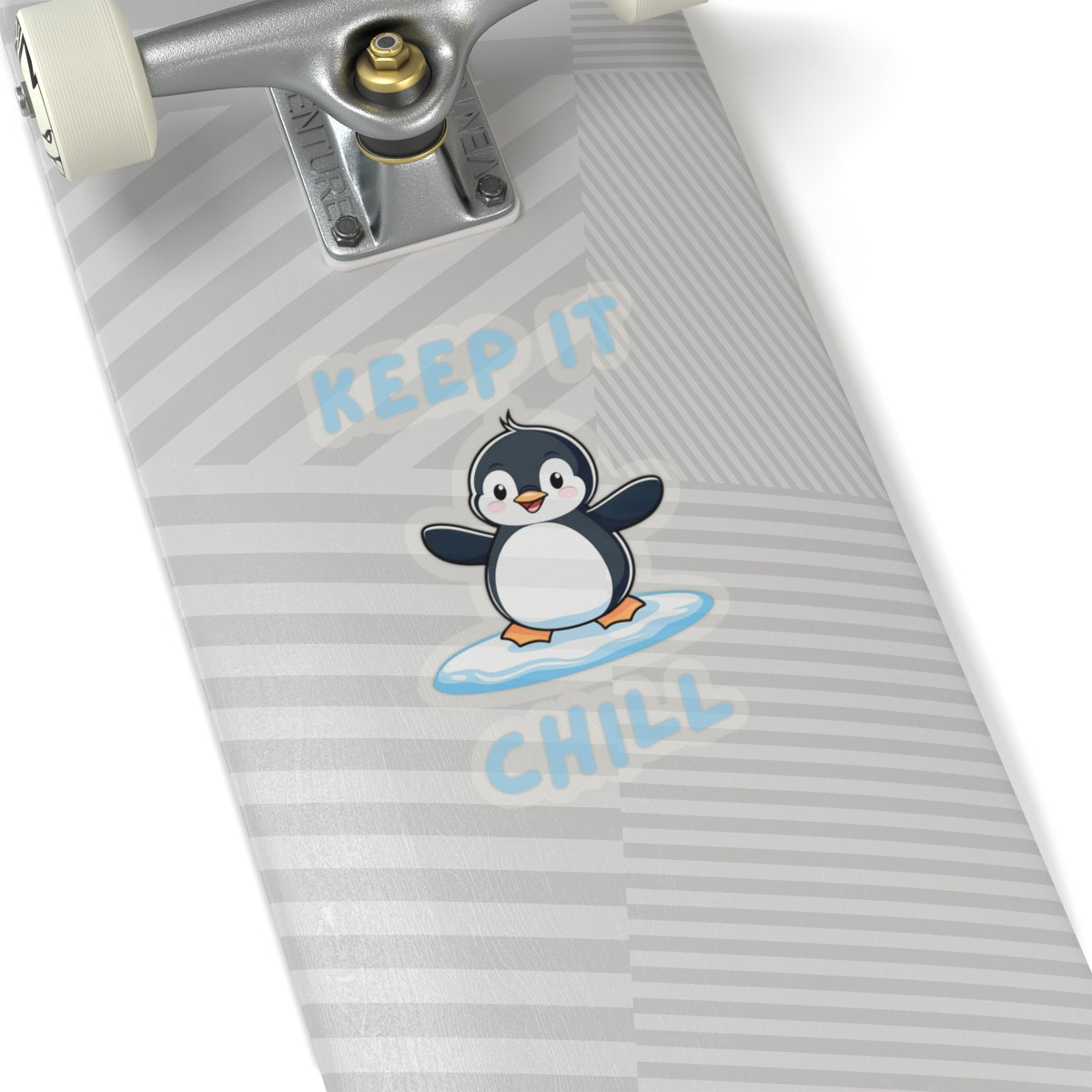 Transparent 6x6 Penguin Core Keep It Chill kiss-cut sticker with cute penguin design – perfect for animal lovers - on skateboard deck