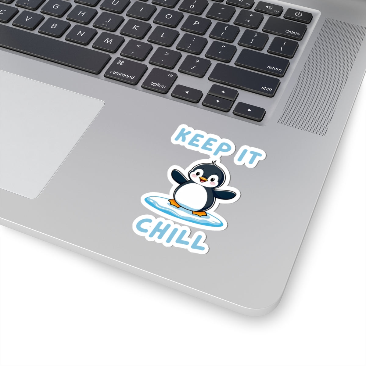 White 3x3 Penguin Core Keep It Chill kiss-cut sticker with cute penguin design – perfect for animal lovers - on laptop